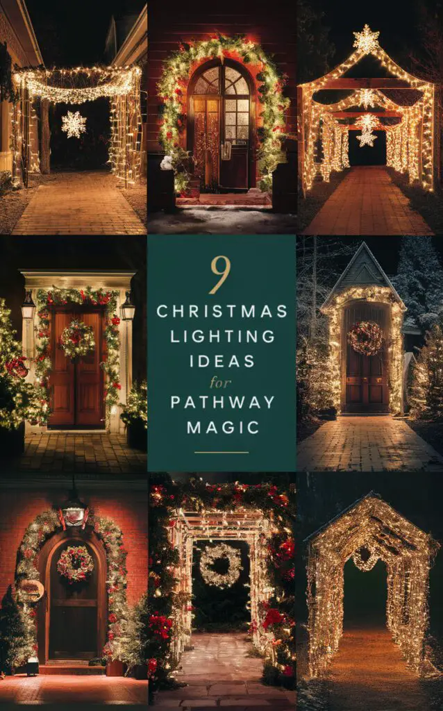 Magical outdoor Christmas lights, Enchanting Christmas pathway lighting, Festive holiday pathway lights, Twinkling winter walkway decor, Sparkling Christmas garden lights