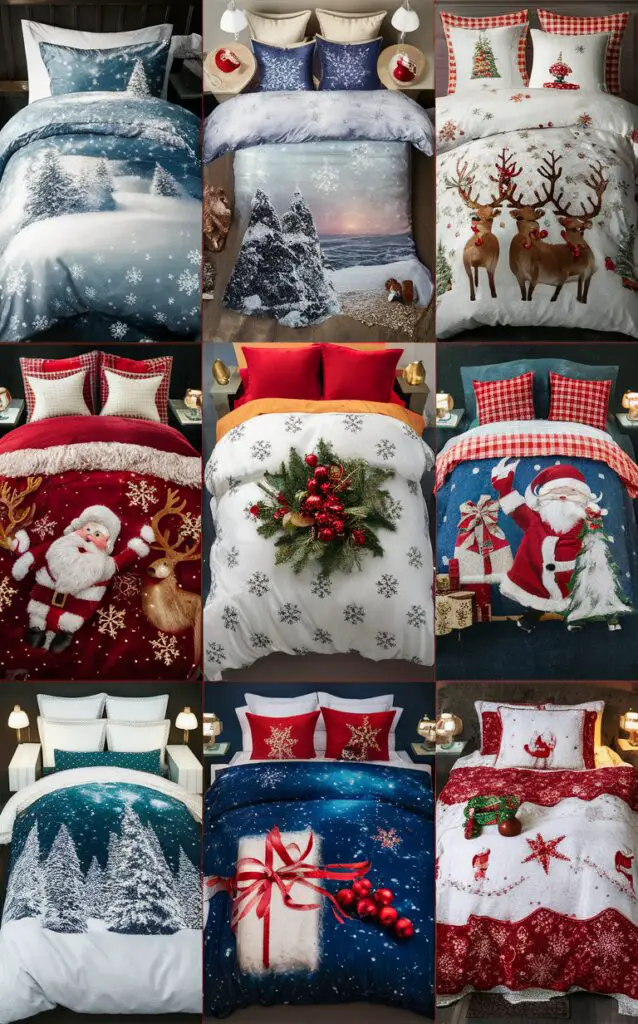 cozy winter bedding, winter wonderland bedding, Christmas bedding ideas, holiday-themed bedding, festive bed linens