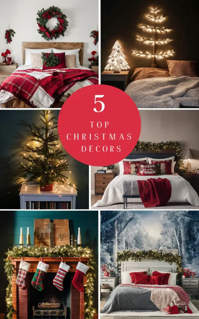 Christmas bedroom decor, Christmas bedding, Holiday bedroom decorations, Festive bedroom ideas, Winter bedroom makeover