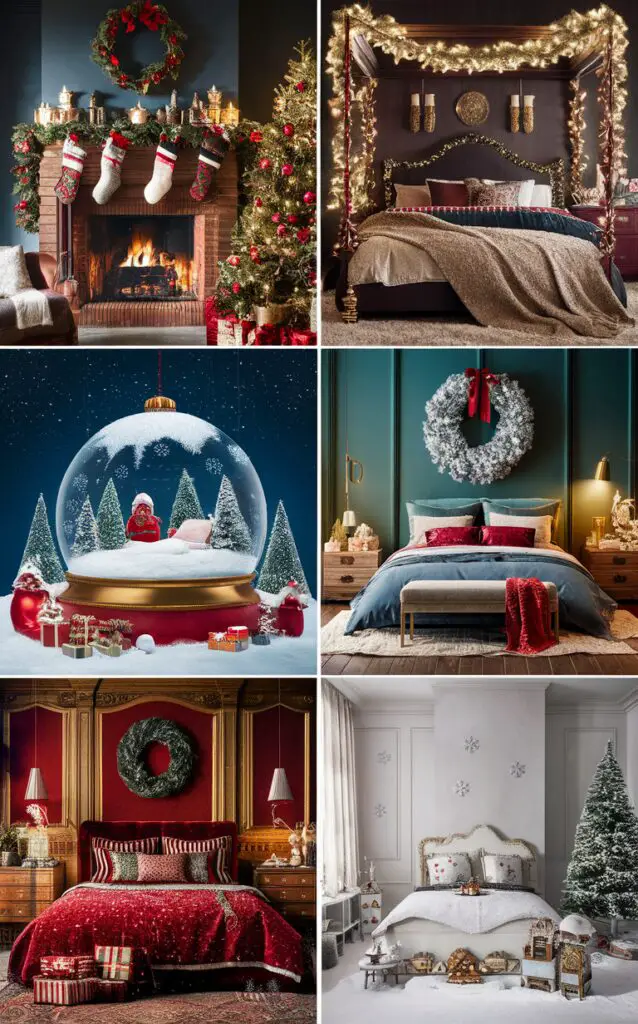 Christmas bedroom decor, Holiday bedroom decorations, Festive bedroom ideas, Winter bedroom decor, Seasonal bedroom design