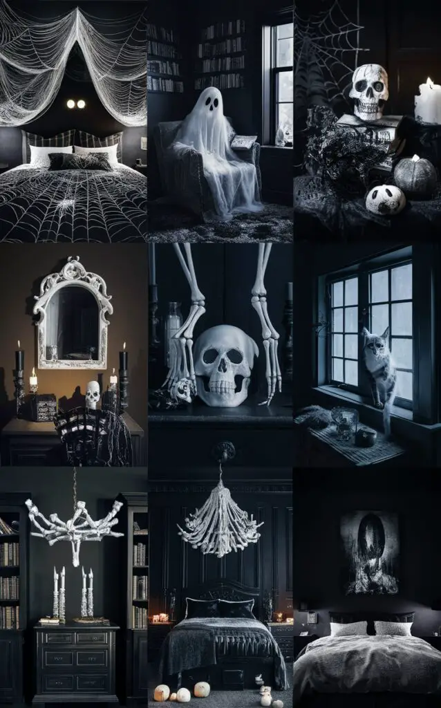 Halloween decor, spooky bedroom, gothic decoration, eerie room, haunted theme