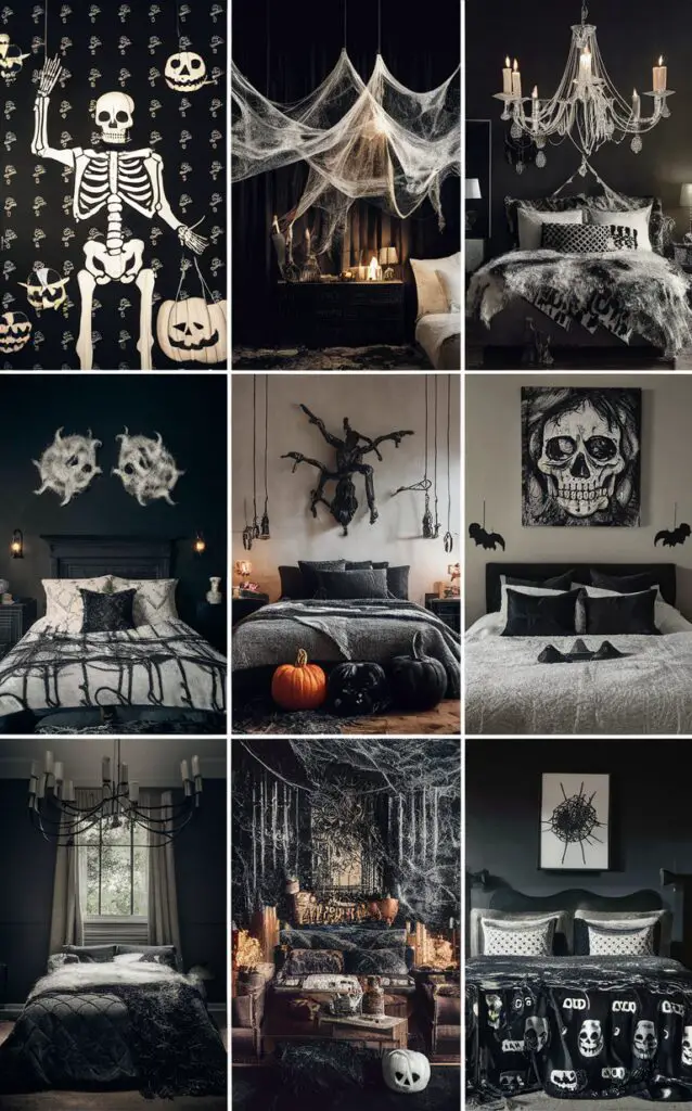 black and white decor, stylish Halloween decorations, elegant Halloween decor, monochromatic bedroom design, spooky bedroom ideas