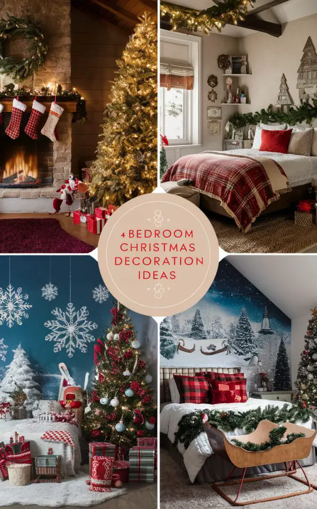 Christmas bedroom decor, holiday bedroom decorations, festive bedroom ideas, cozy Christmas room, winter bedroom design