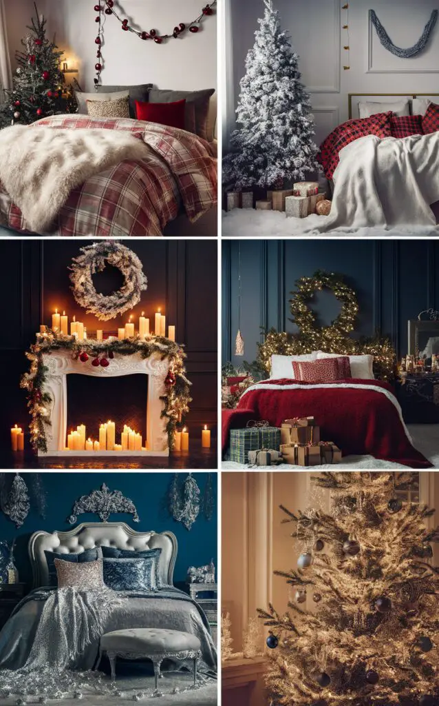 Christmas bedroom decor, Holiday bedroom design, Festive bedroom ideas, Elegant holiday decor, Festive bedroom decorations