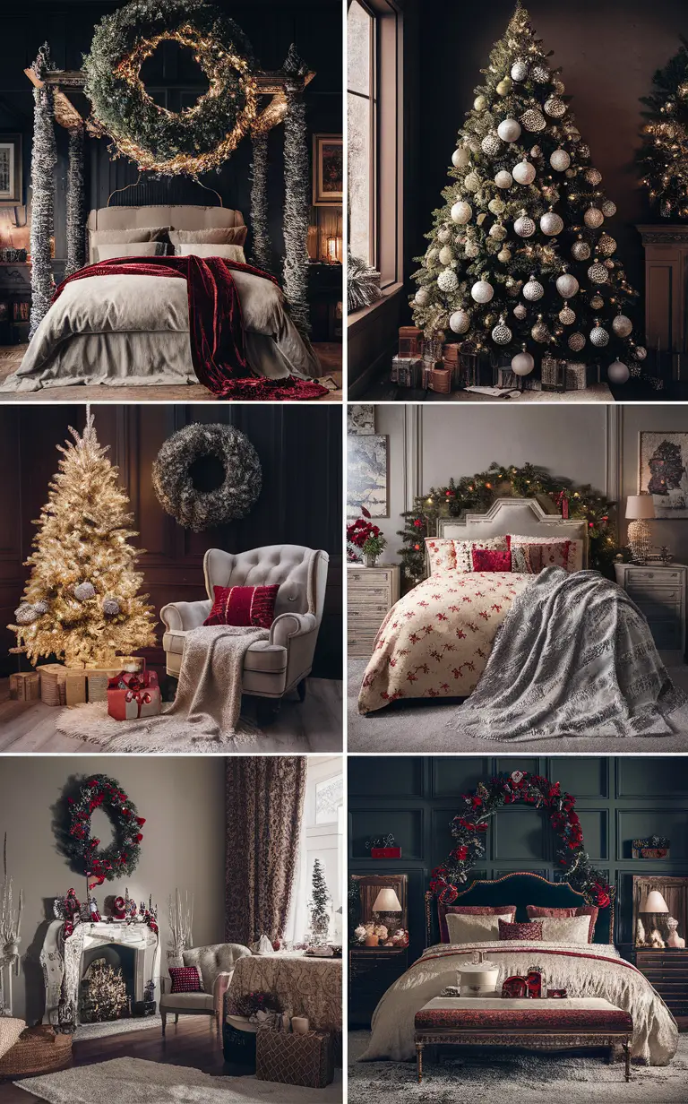 Luxurious Christmas decorations, Elegant bedroom decor ideas, Upscale holiday bedroom design, Exclusive festive room styling, High-end winter bedroom theme.