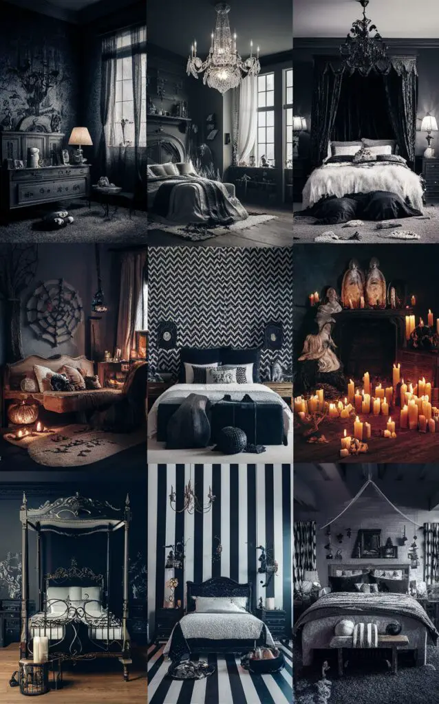 Black and white bedroom decor, Halloween home decor, Modern Halloween decor, Chic Halloween bedroom, Stylish Halloween design