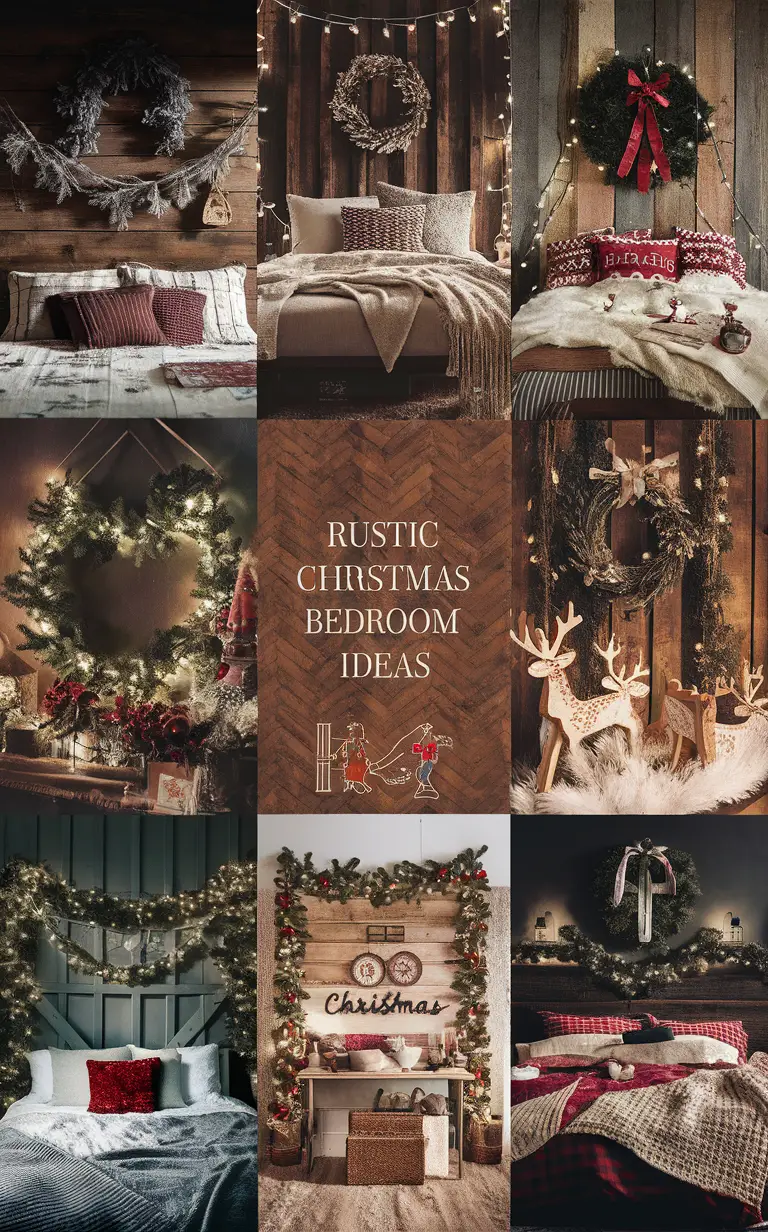 Christmas bedroom decor, Rustic holiday décor, Cozy bedroom decorations, Festive rustic room, Holiday bedding ideas