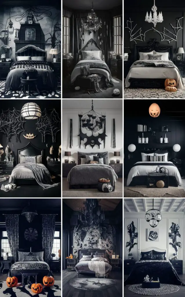 Black and white Halloween decor, Scary bedroom ideas, Halloween themed room, Spooky bedroom design, Gothic bedroom inspiration