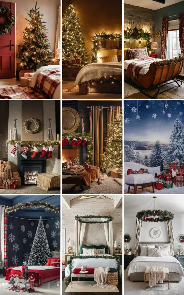 Christmas bedroom decor, holiday bedroom ideas, festive bedroom decoration, cozy bedroom design, winter bedroom styling