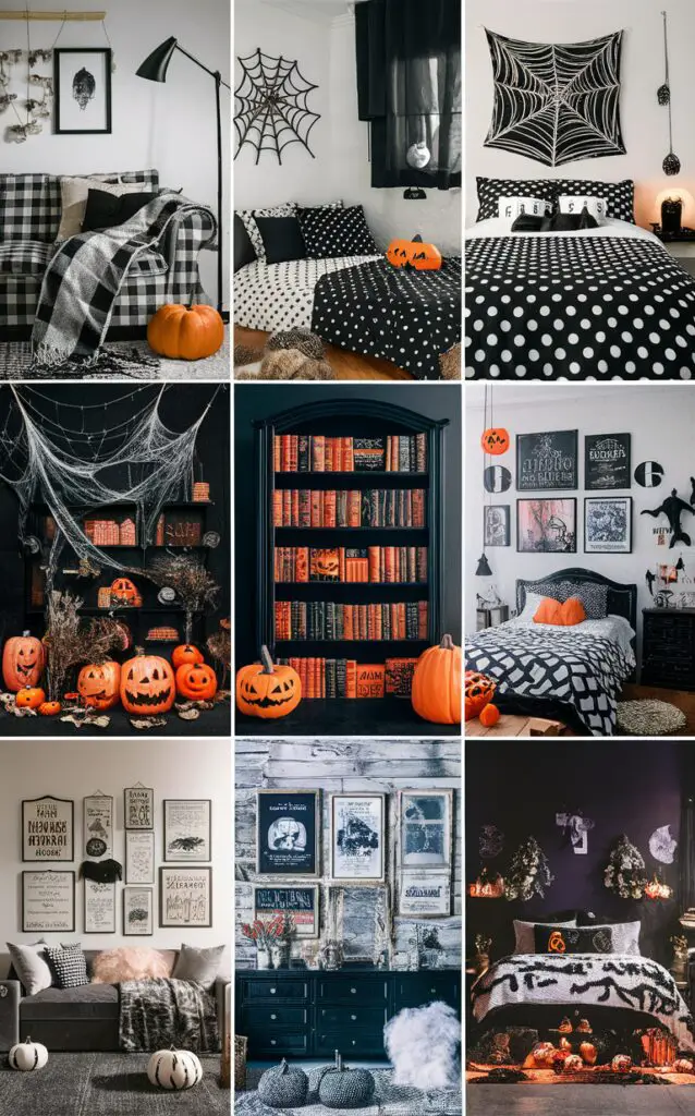 Halloween decor, Black and White decor, Trendy bedroom decor, Halloween bedroom ideas, Spooky bedroom decor