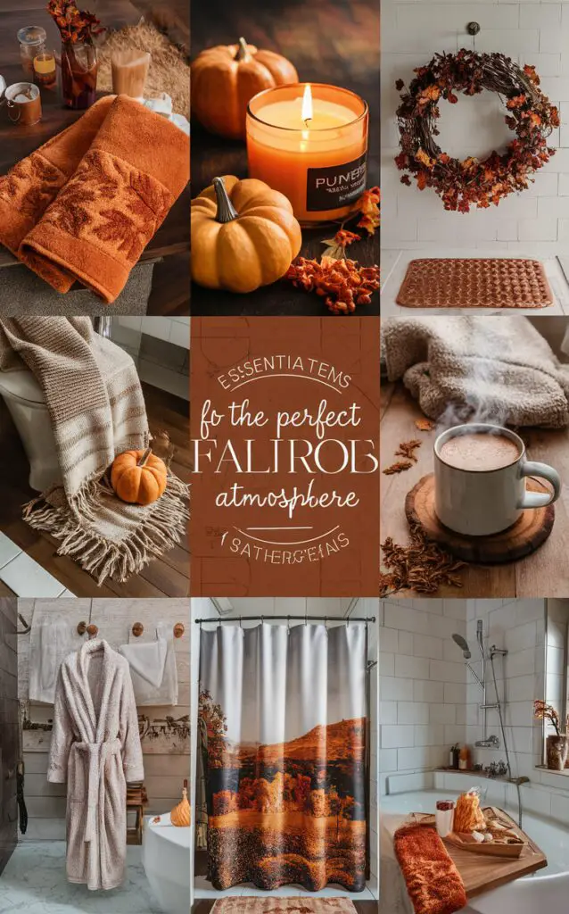 fall bathroom decor, autumn shower curtain, cozy bathroom design, rustic bathroom accessories, seasonal bath mat