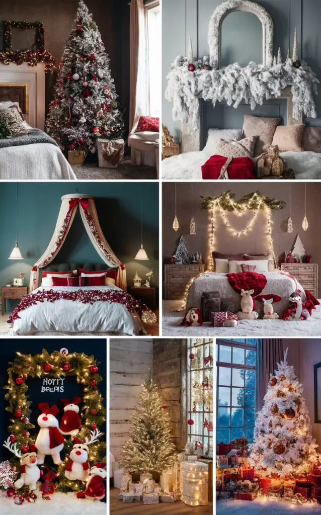 Christmas bedroom decor, festive bedroom ideas, holiday bedroom decorations, cozy bedroom design, winter bedroom decor