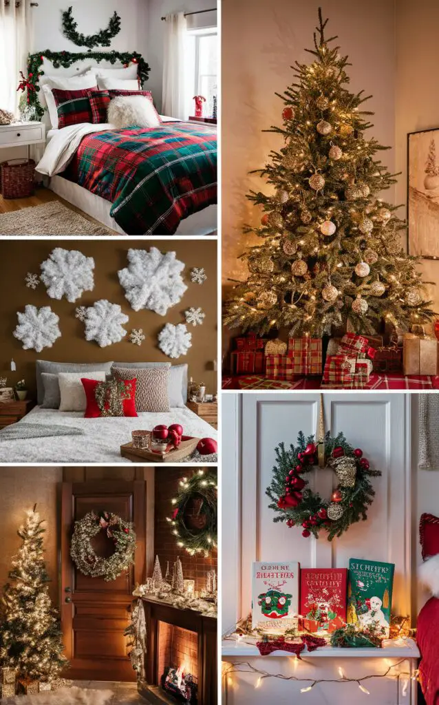 festive bedroom decor, Christmas bedroom design, holiday bedroom ideas, winter bedroom decoration, seasonal bedroom styling