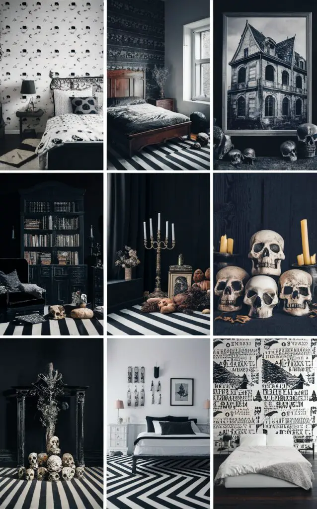 Halloween room decor, Halloween bedroom design, Black and white Halloween decor, Spooky bedroom ideas, Halloween themed bedroom