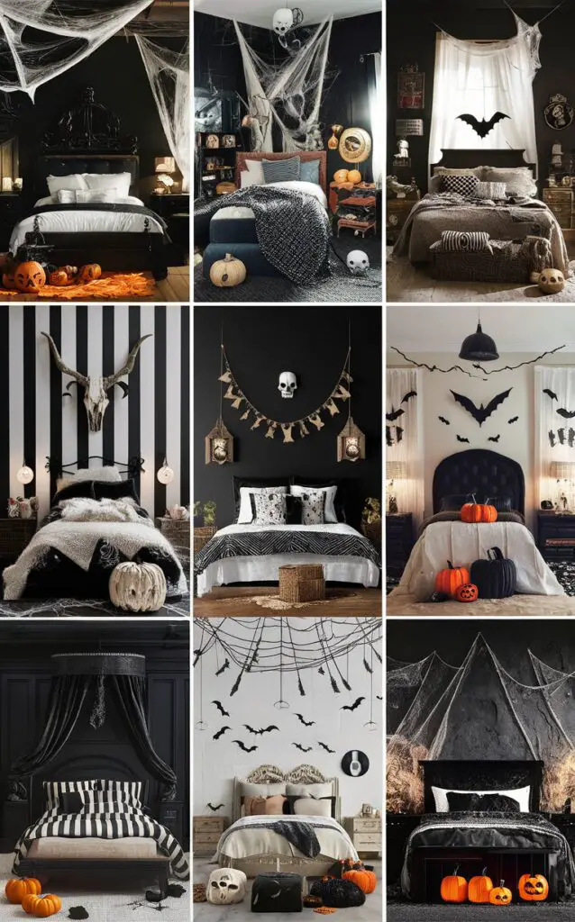 Halloween bedroom decor, Black and white bedroom ideas, Halloween bedroom theme, Spooky bedroom design, Haunted bedroom inspiration