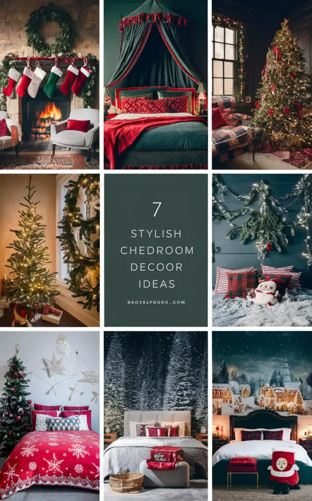 Christmas bedroom decor, Holiday bedroom decorations, Festive bedroom ideas, Cozy Christmas bedding, Winter bedroom design