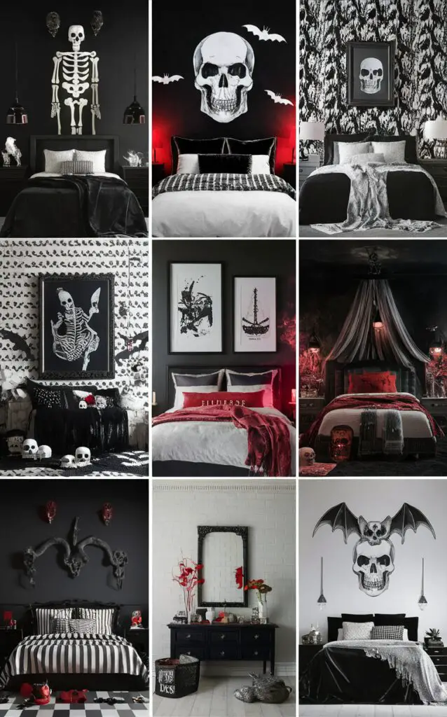 Halloween bedroom décor, Scary bedroom themes, Black and white Halloween design, Spooky bedroom ideas, Halloween-inspired bedroom.