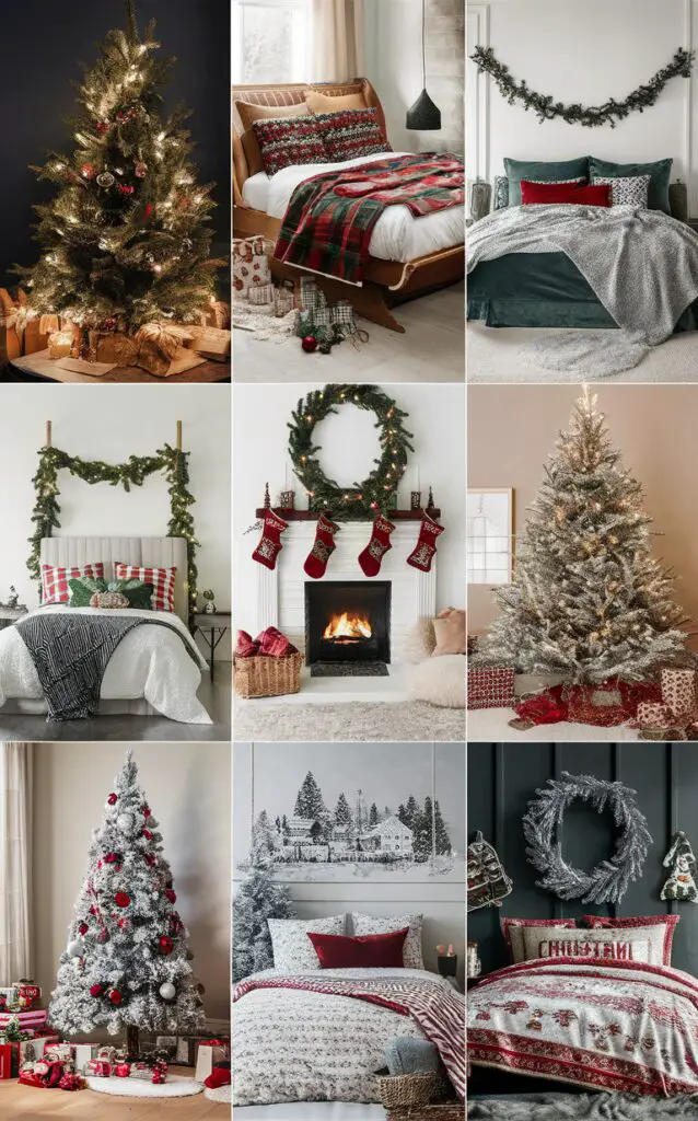 Christmas bedroom decor, Festive bedroom ideas, Holiday bedroom design, Seasonal bedroom decorations, Winter bedroom styling