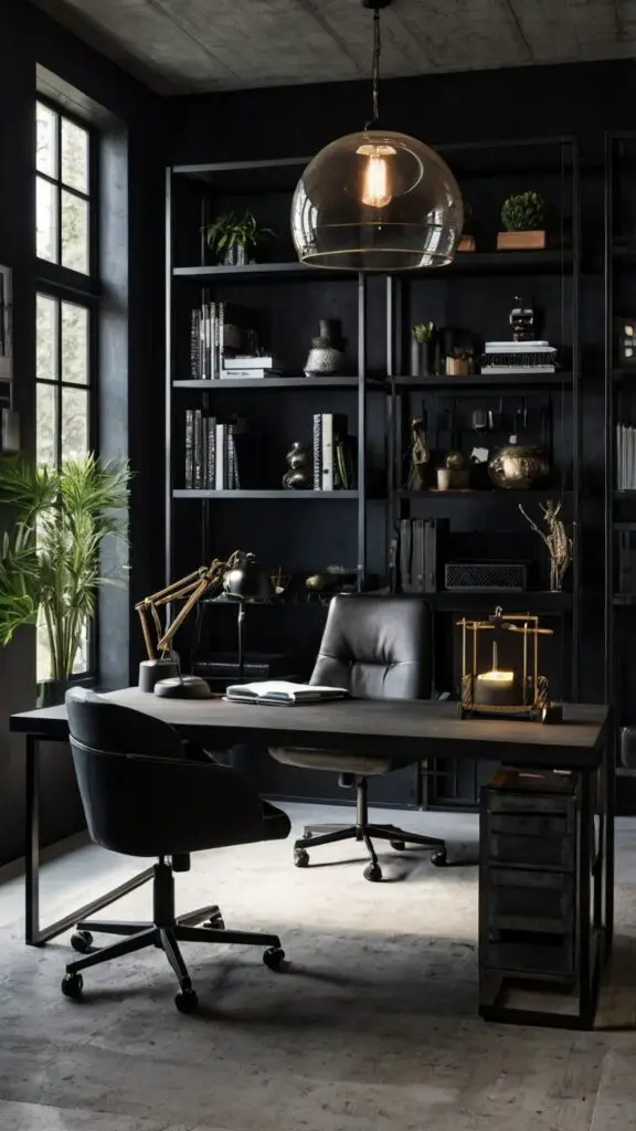 black home office decor, moody office design, trendy office ideas, stylish home office, modern home office inspiration