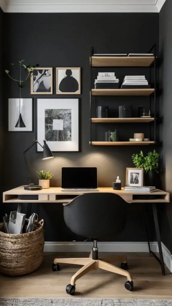 black home office decor, moody office design, trendy office ideas, stylish home office, modern home office inspiration