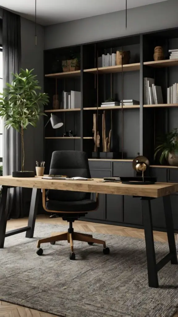 black home office decor, moody office design, trendy office ideas, stylish home office, modern home office inspiration