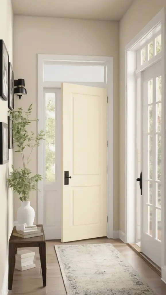 Entryway paint ideas, Choice Cream entryway, home decor trends, neutral tones, entryway transformation

