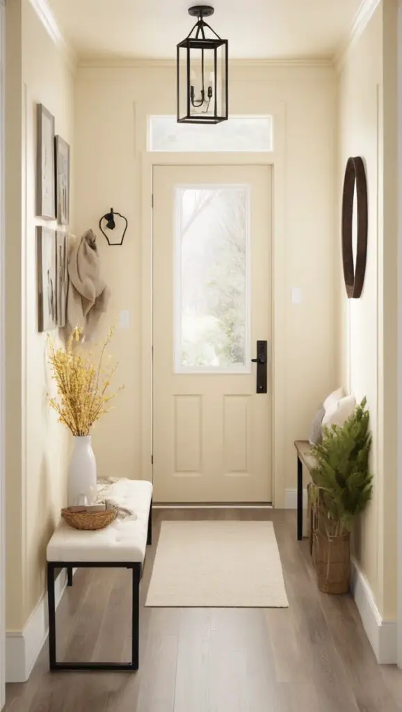 Trending paint colors 2025, welcoming entryway, soft neutrals, wall paint ideas, decor inspiration

