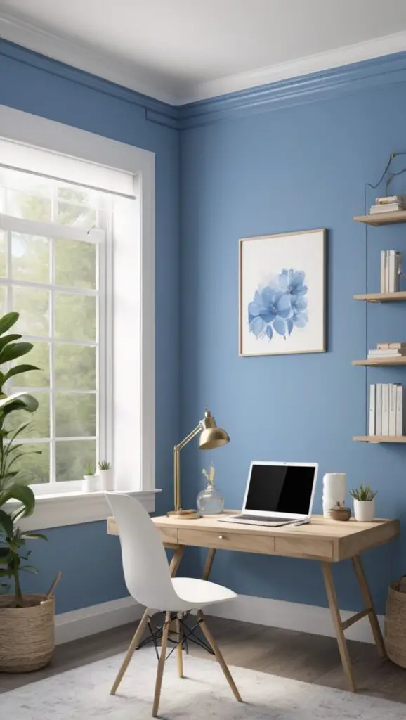  workspace style, blue decor, modern office, office painting ideas, color psychology

