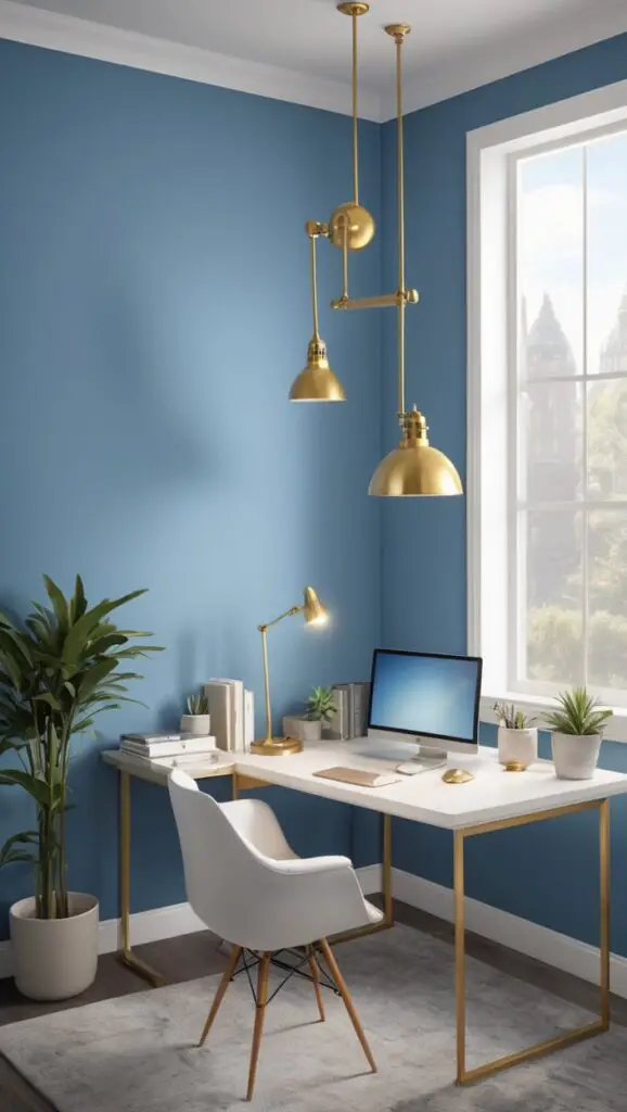  workspace style, blue decor, modern office, office painting ideas, color psychology

