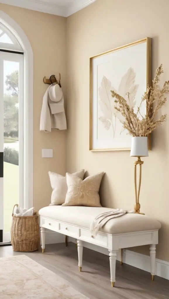 Trending paint colors 2025, welcoming entryway, soft neutrals, wall paint ideas, decor inspiration

