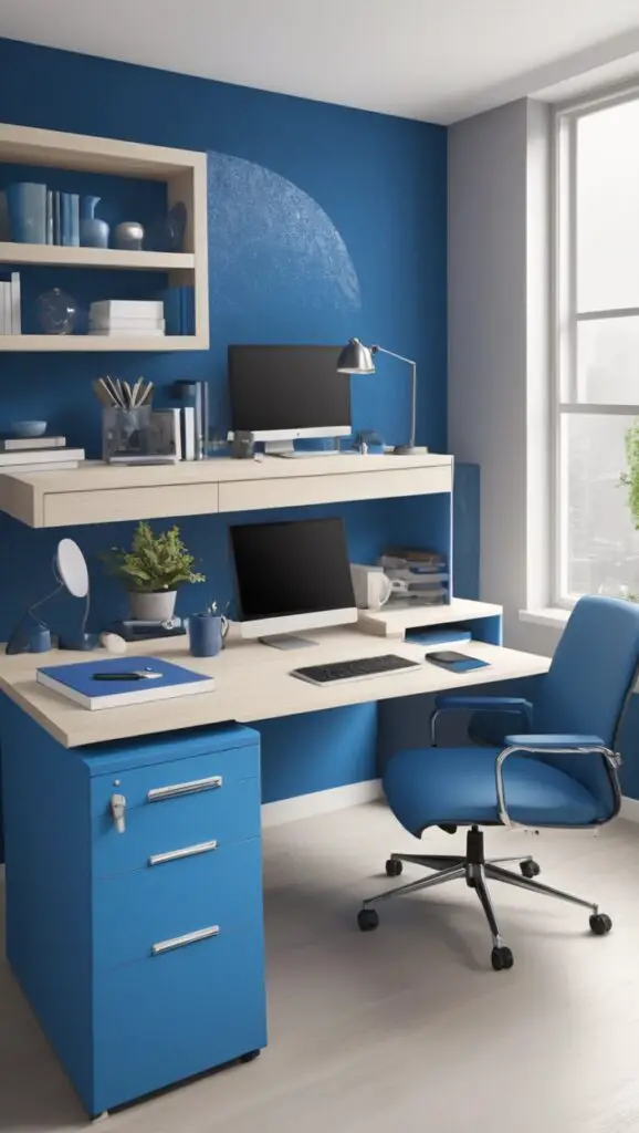  workspace style, blue decor, modern office, office painting ideas, color psychology
