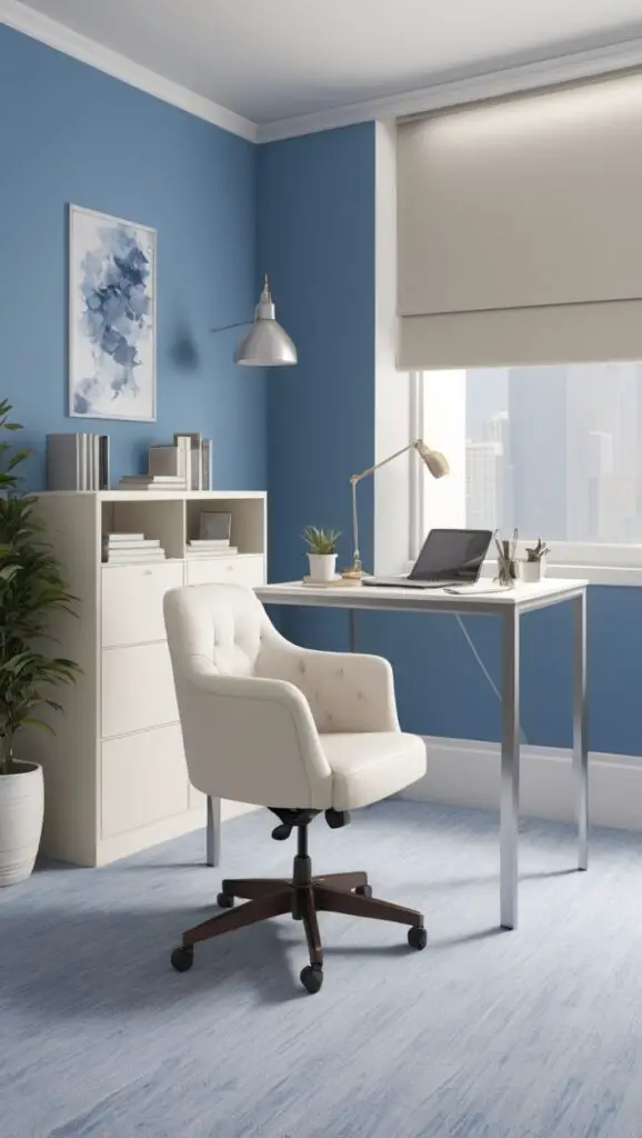  workspace style, blue decor, modern office, office painting ideas, color psychology
