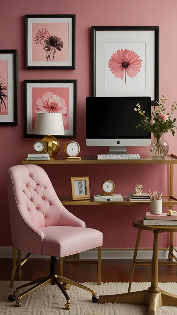 Pink Decor ,Pink Office Chair,new Home office design, modern setup, modern workspace  designs, modern wood Home office frame,modern Home office, moody decor, cozy interiors, sophisticated style,modern Home office 
