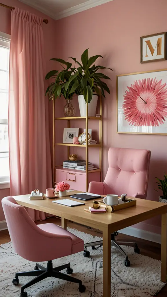 Pink Decor ,Pink Office Chair,new Home office design, modern setup, modern workspace  designs, modern wood Home office frame,modern Home office, moody decor, cozy interiors, sophisticated style,modern Home office 
