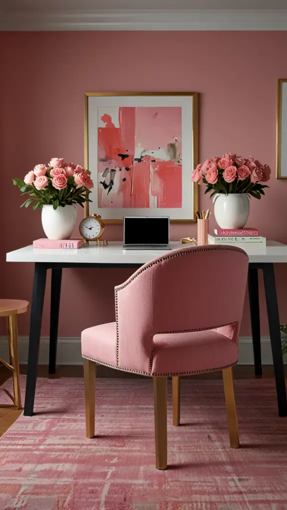 Pink Decor ,Pink Office Chair,new Home office design, modern setup, modern workspace  