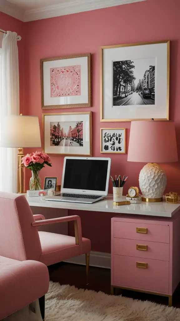 Pink Decor ,Pink Office Chair,new Home office design, modern setup, modern workspace  designs, modern wood Home office frame,modern Home office, moody decor, cozy interiors, sophisticated style,modern Home office 
