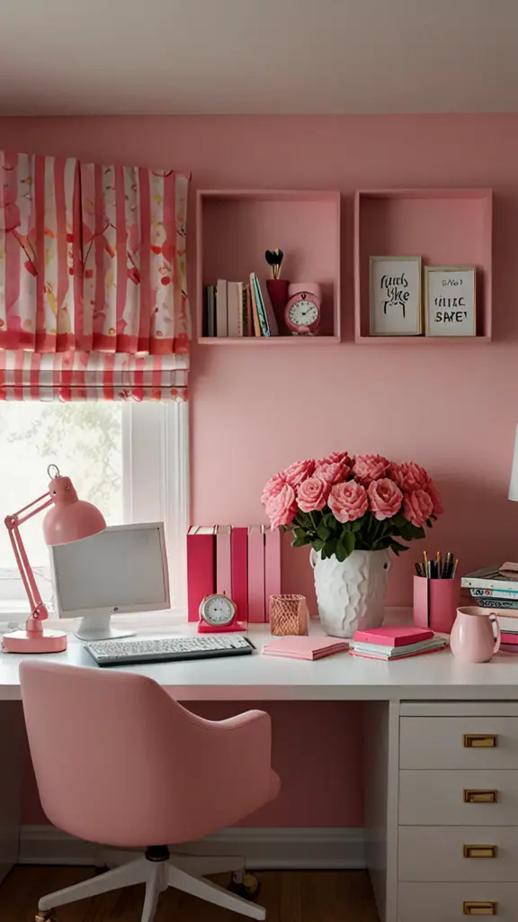 Pink Decor ,Pink Office Chair,new Home office design, modern setup, modern workspace  designs, modern wood Home office frame,modern Home office, moody decor, cozy interiors, sophisticated style,modern Home office 
