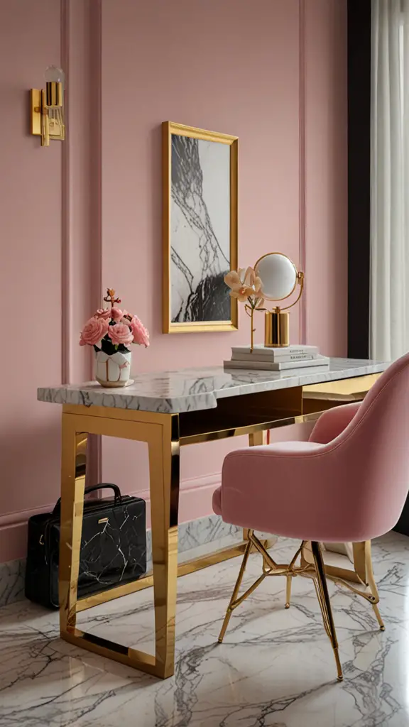 Pink Decor ,Pink Office Chair,new Home office design, modern setup, modern workspace  designs, modern wood Home office frame,modern Home office, moody decor, cozy interiors, sophisticated style,modern Home office 
