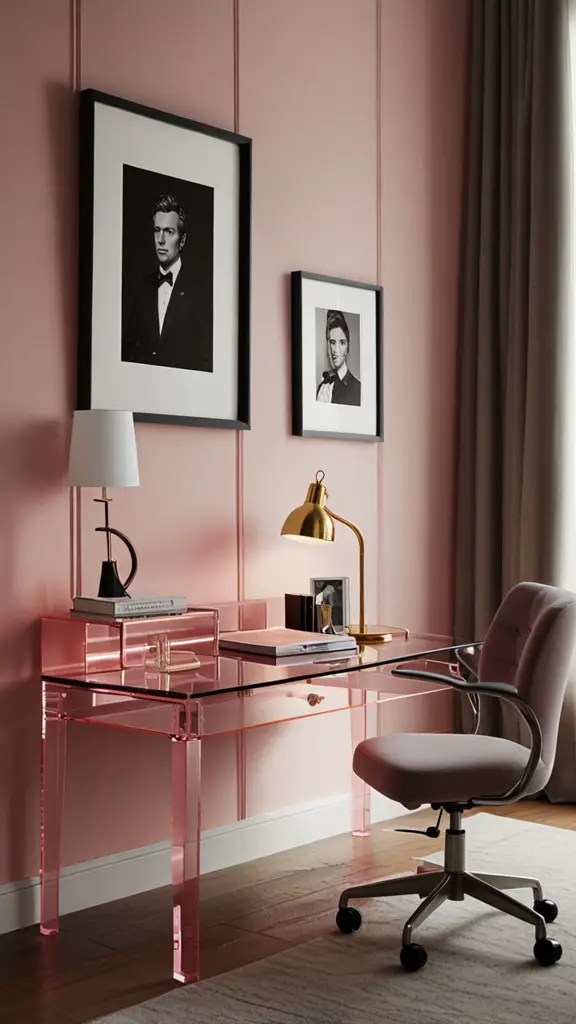 Pink Decor ,Pink Office Chair,new Home office design, modern setup, modern workspace  designs, modern wood Home office frame,modern Home office, moody decor, cozy interiors, sophisticated style,modern Home office 
