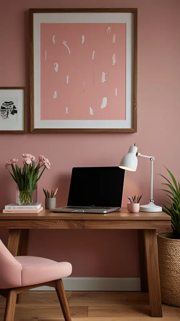 Pink Decor ,Pink Office Chair,new Home office design, modern setup, modern workspace  designs, modern wood Home office frame,modern Home office, moody decor, cozy interiors, sophisticated style,modern Home office 
