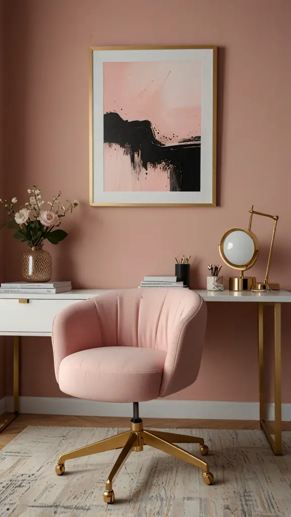 Pink Decor ,Pink Office Chair,new Home office design, modern setup, modern workspace  designs, modern wood Home office frame,modern Home office, moody decor, cozy interiors, sophisticated style,modern Home office 
