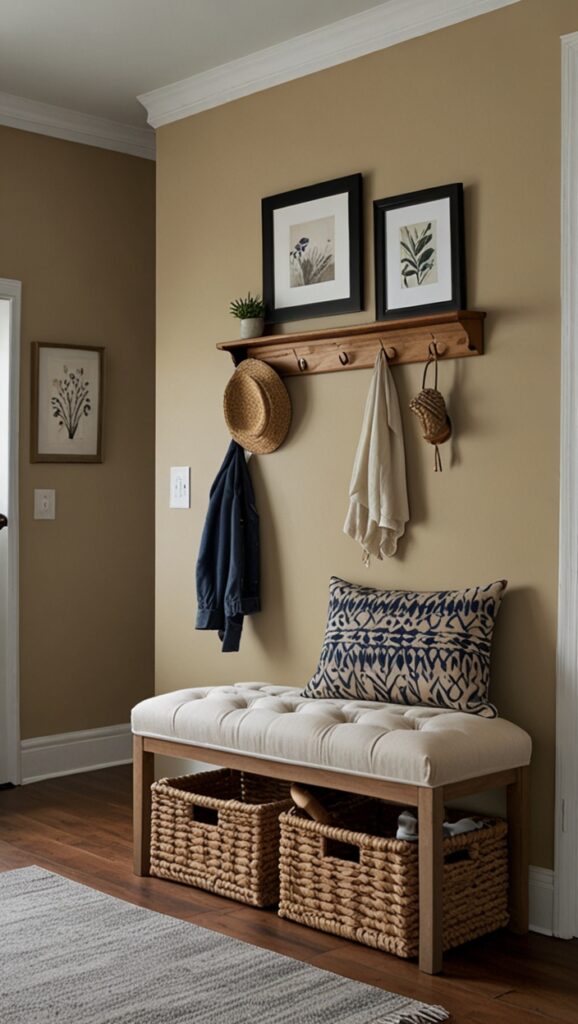 creme brulee paint benjamin moore,
benjamin moore creme caramel,
entryway benches with storage,