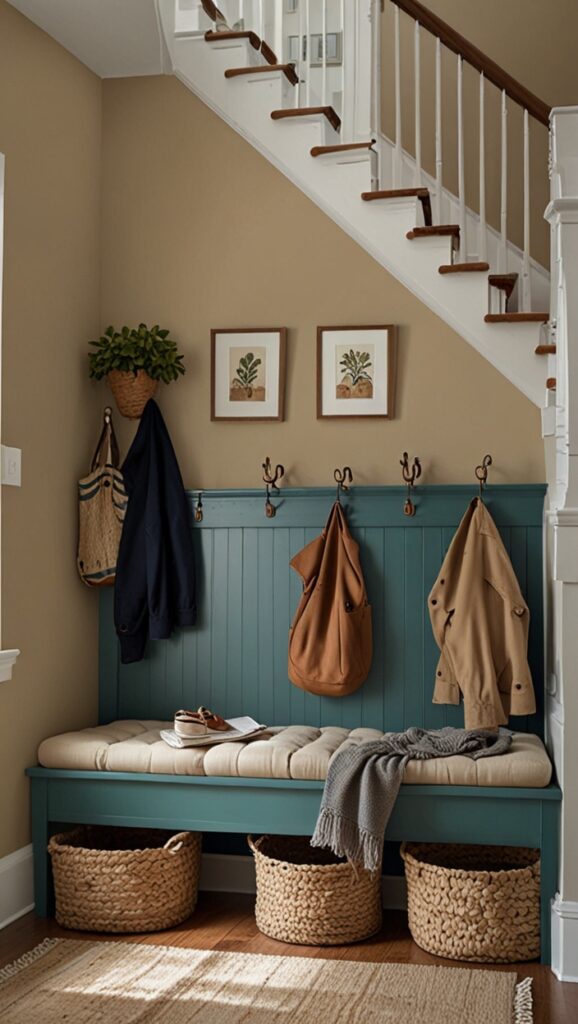 creme brulee paint benjamin moore,
benjamin moore creme caramel,
entryway benches with storage,