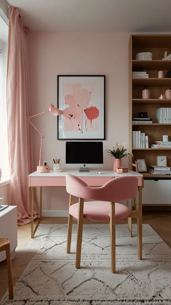 Pink Decor ,Pink Office Chair,new Home office design, modern setup, modern workspace  designs, modern wood Home office frame,modern Home office, moody decor, cozy interiors, sophisticated style,modern Home office 
