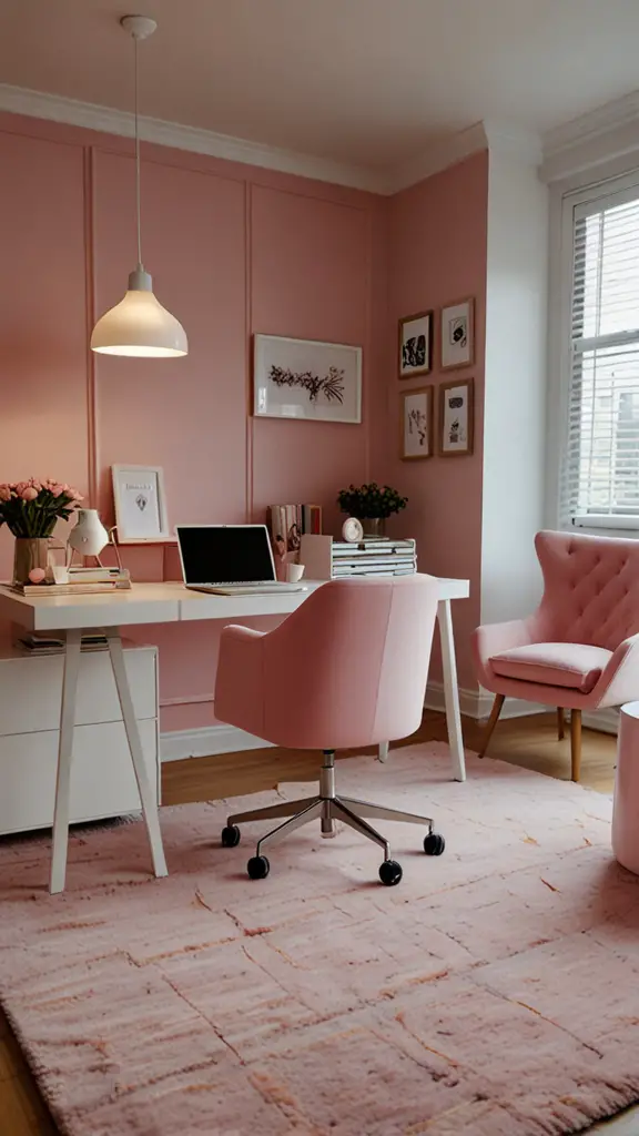 Pink Decor ,Pink Office Chair,new Home office design, modern setup, modern workspace  designs, modern wood Home office frame,modern Home office, moody decor, cozy interiors, sophisticated style,modern Home office 
