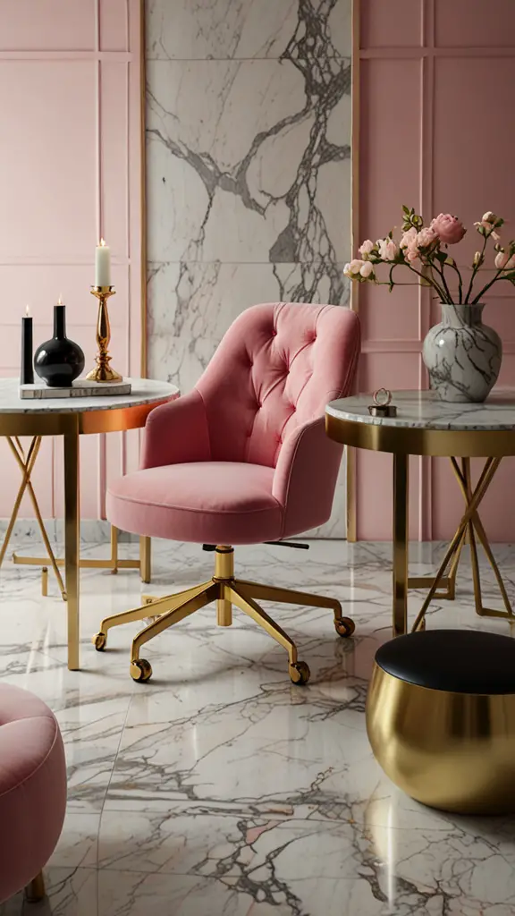 Pink Decor ,Pink Office Chair,new Home office design, modern setup, modern workspace  designs, modern wood Home office frame,modern Home office, moody decor, cozy interiors, sophisticated style,modern Home office 
