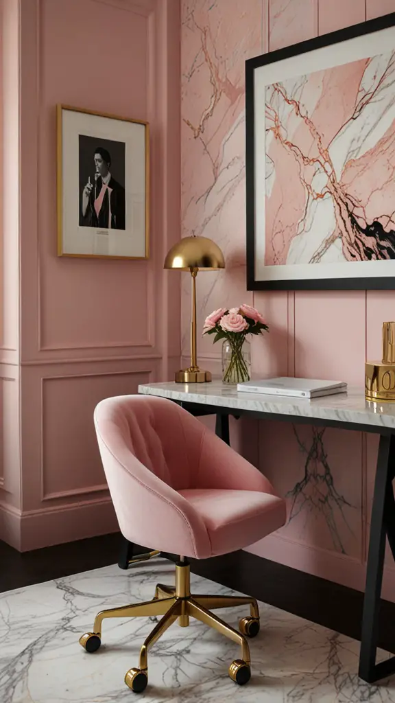 Pink Decor ,Pink Office Chair,new Home office design, modern setup, modern workspace  designs, modern wood Home office frame,modern Home office, moody decor, cozy interiors, sophisticated style,modern Home office 
