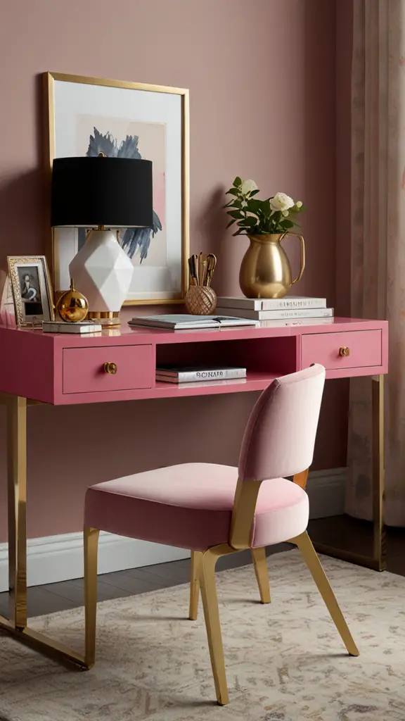 Pink Decor ,Pink Office Chair,new Home office design, modern setup, modern workspace  designs, modern wood Home office frame,modern Home office, moody decor, cozy interiors, sophisticated style,modern Home office 
