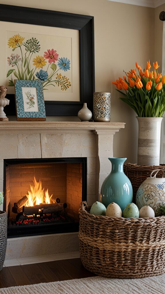 Spring mantel decor, seasonal refresh, modern mantel, spring color trends ,Benjamin more Fireplace ,new bm Fireplace design, modern Fireplace 