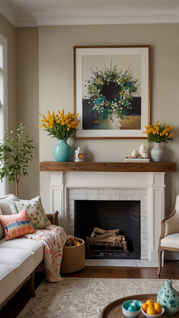 Spring mantel decor, seasonal refresh, modern mantel, spring color trends ,Benjamin more Fireplace ,new bm Fireplace design, modern Fireplace 